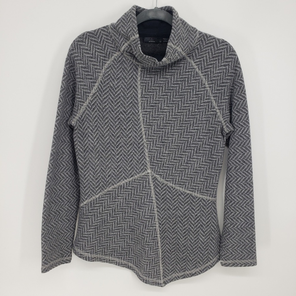prAna Mattea Herringbone Wool Blend Funnel Neck Pullover Women M Gray Asymmetric
